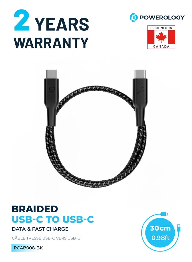 - POWEROLOGY BRAIDED USB-C TO USB-C DATA & FAST CHARGE 30CM