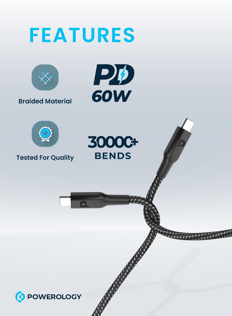 - POWEROLOGY BRAIDED USB-C TO USB-C DATA & FAST CHARGE 30CM